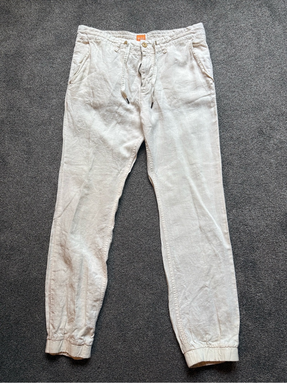 Boss Light Beige Drawstring Linen Joggers